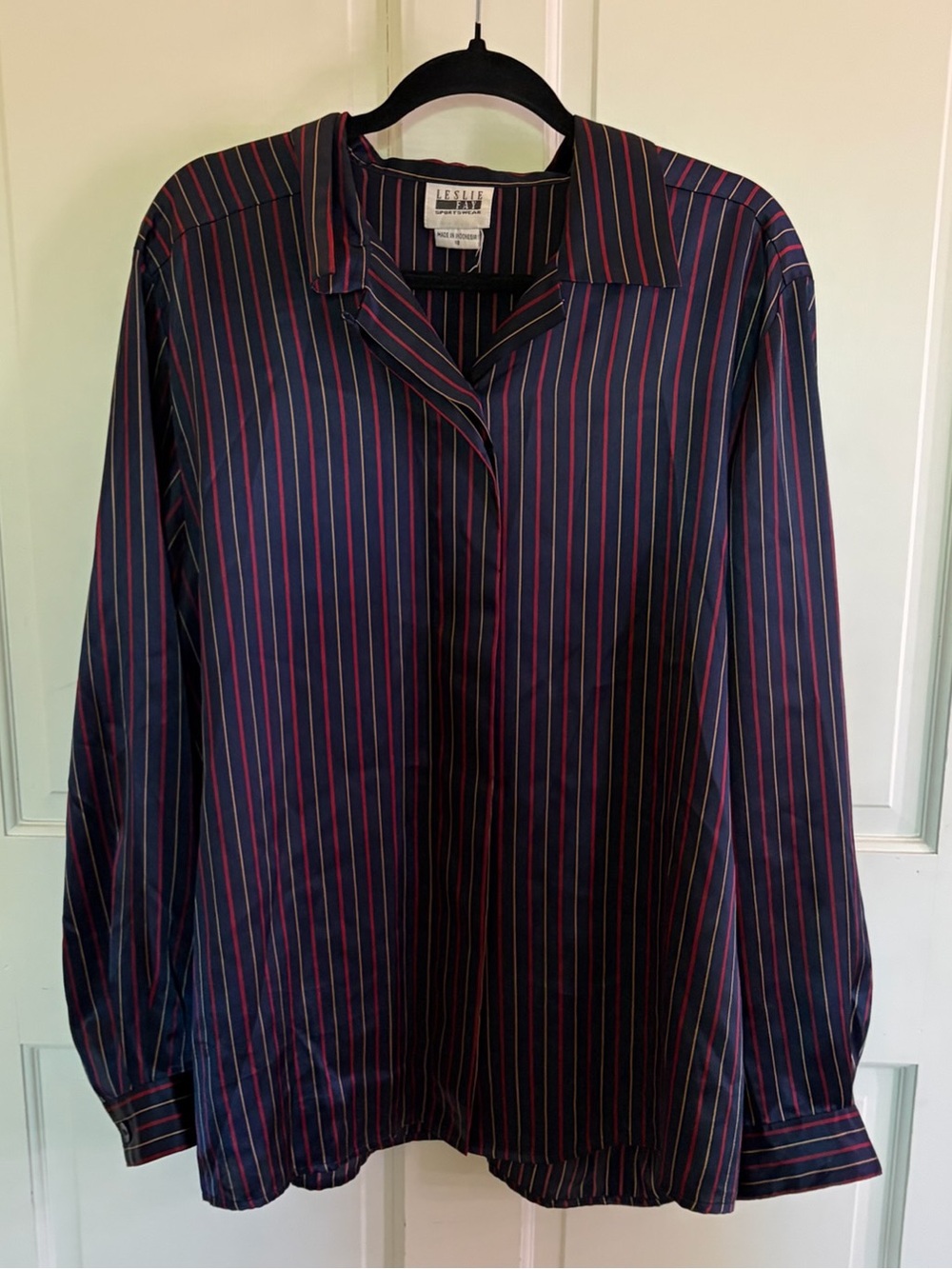 Vintage Leslie Fay Navy Shirt with Red and Green Pinstripes